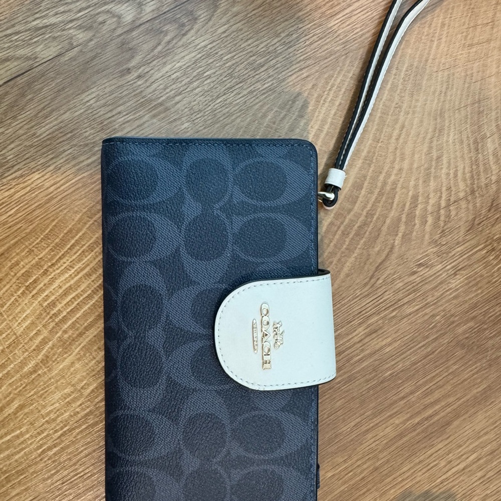 Coach Black Signature Canvas Phone Wristlet with Cream Accent